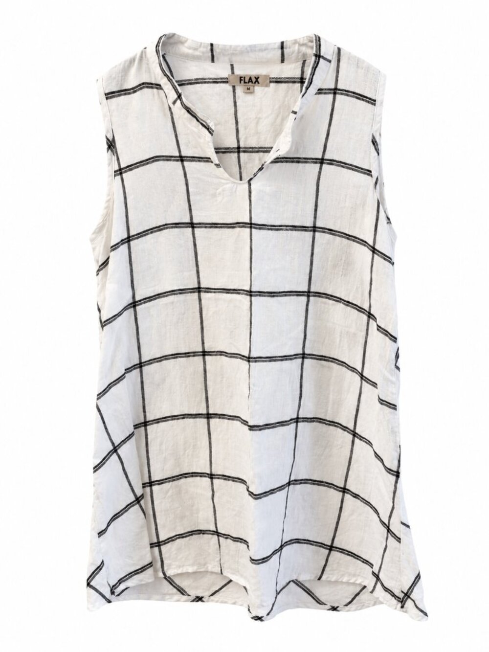 FLAX Linen Dress Tunic M White Black Windowpane Plaid Lagenlook Artsy